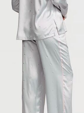Victoria's Secret Light Gray Satin Pajama Set with Pink Trim